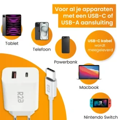 R2B 1 Meter Weißes USB-C Kabel mit USB-A & USB-C Ladegerät