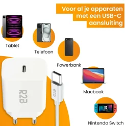 R2B 2 Meter Weißes USB-C Kabel mit USB-C Ladegerät